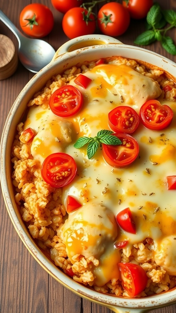 A golden brown chicken and rice casserole with melted cheese and tomatoes, served in a rustic dish on a wooden table.